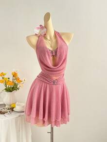 Elamini 女士性感镂空V领水钻搭扣系带短裙，闪亮粉色，度假风，春夏款 - 粉色 - 查看 5