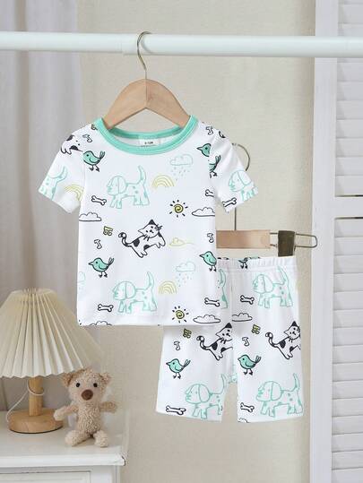 2件装男婴针织贴身短袖短裤，可爱猫咪图案，舒适柔软睡衣，送给男婴的绝佳礼物