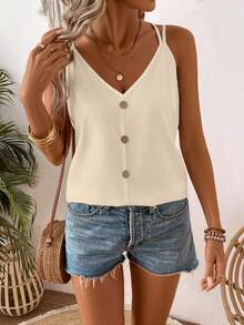 SHEIN LUNE Women's Casual Everyday Commute Vacation Loose Button Decor Camisole, Solid Color, Summer - Apricot - View 4