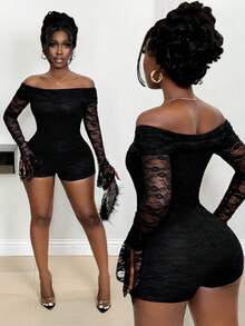 BamGleam 女士优雅纯色蕾丝露肩修身连体衣 - 黑色 - 查看 3