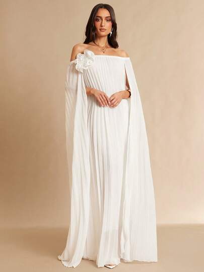 Silquee This French-Style White Elegant Party Dress For Women (One-Shoulder, Solid Color, 3D Floral Appliqué, Pleated Design) Is From The Spring/Summer Collection. It's Suitable For Various Occasions, Including Valentine's Day, Vacations, Parties, Gatherings, Dates, Picnics, Wedding Guests, Birthday Dresses, Evening Gowns, Backless Dresses, Romantic Dates, Wedding Parties, Beach Vacation Wear, Picnic/Nightclub Parties/Gatherings, Elegant Parties, Stage Performance Costumes, Elegant Suits, Bridesma.Abaya ,Summer Dress,Spring Dresses For Women