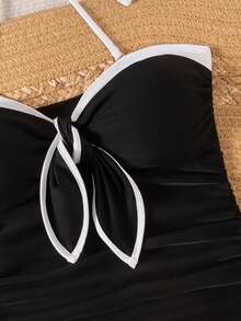 Swim Chiccia Swim Chic Sea Plain Swimwear For Women, Bow Accent Contrast Color With Detachable Halter Strap - Black and White - View 6