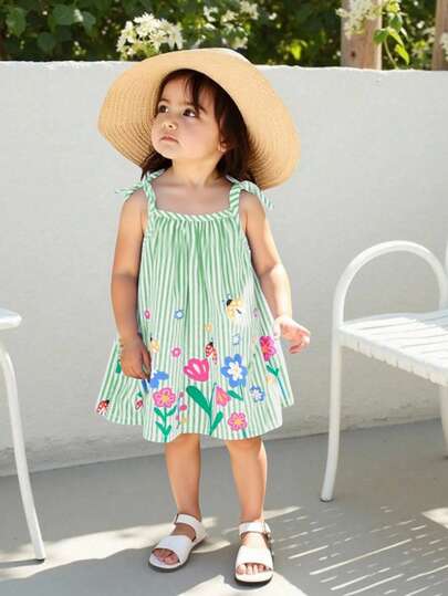 SHEIN Playful Pals Baby Girl Clothing Baby Girl Dress Full Floral Pattern Suspender Bow Summer Elegant And Fresh Dress