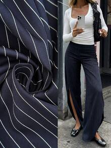 Siren Gaze Women's Chic Navy Blue And White Vertical Striped Minimalist Split Leg Pants,Summer Office Business Casual Elegant Old Money Style Wide Leg Trousers - Navy Blue - View 7