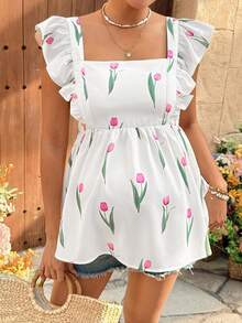 SHEIN Áo bầu cổ vuông tay ngắn in hoa - trắng - Xem 8