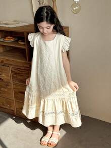 DAZY Girls Floral Ruffle Trim Round Neck Dress, Fall Outfit - Apricot - View 1