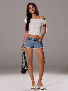 TRNVIE Women's Casual Distressed Denim Shorts With Slant Pockets, Summer - Medium Wash - View 4