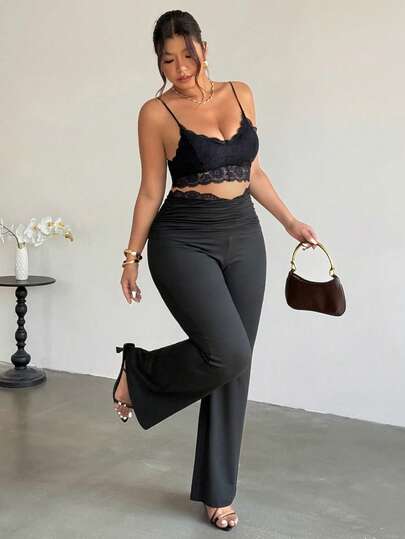 Firerie Plus Size Fashionable Versatile Solid Color High Waist Black Flare Pants Bell Bottom Pants Spring