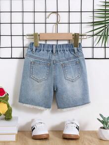 SHEIN Baby Boy Summer Casual Distressed Ripped Frayed Blue Button Front Pockets Skinny Denim Shorts,Baby Spring/Summer Spring Break Daily Wear - Light Wash - View 2