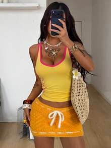 Coolane Women's Spring Mini Skirt With Fringe Detail Boho Festival Beach Summer Vacation Party Casual Women'S Bottom Y2K Fashion Statement - Yellow - View 4