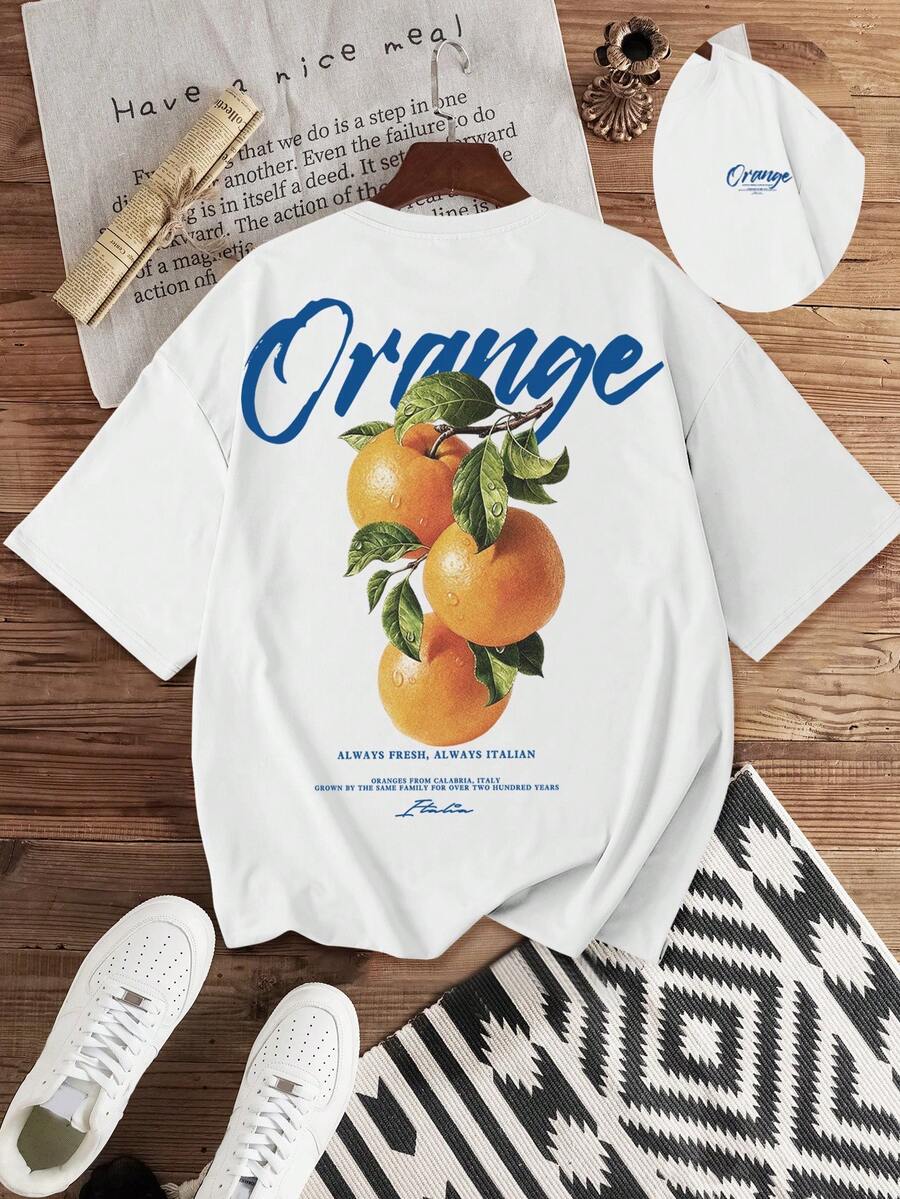 Manfinity RSRT 男士白色圆领短袖T恤，饰以橙色图案印花，休闲日常穿着，水果图案印花，度假风橙色标语，简约风格 - 白色 - 查看 1