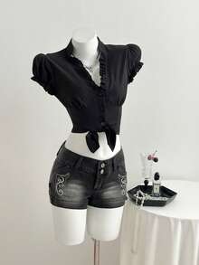 Elamini Quần short denim nữ cạp thấp màu xám/đen, thêu họa tiết cổ điển, xẻ tà bên hông, cài nút, thích hợp cho mùa hè. - màu đen - Xem 5
