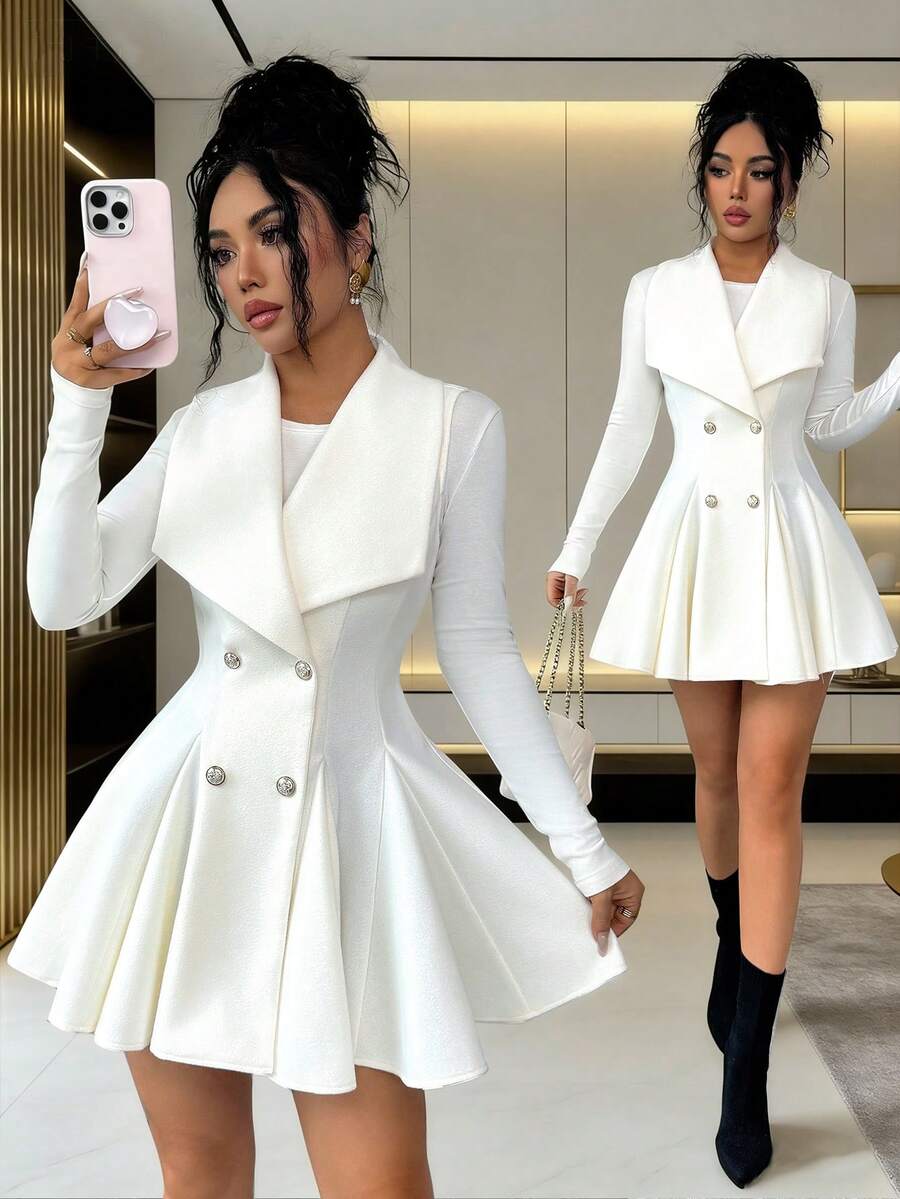 SHEIN Elenzya 女士翻领双排扣收腰A字型优雅无袖大衣，适合日常通勤 - 杏色 - 查看 1