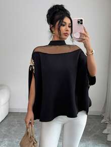 Elenzga 女士黑色纯色拼接网纱袖口金属花卉饰边设计高领优雅宽松衬衫，适合教师、校园风格，也是情人节、劳动节、复活节、旅行和假日等场合的时尚单品，春夏新款必备时尚单品，独特设计，百搭上衣 - 黑色 - 查看 4