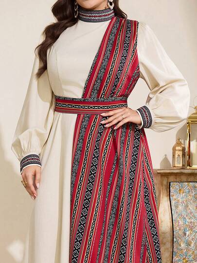 Al Najma Plusstorlek kvinnor geometriskt tryck lapptäcke arabisk stilklänning