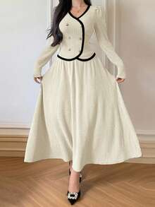 DAZY Women's Casual Colorblock V-Neck Top And A-Line Skirt 2 Pieces Set, Spring, Wedding Guest Dress Women - Beige - View 3