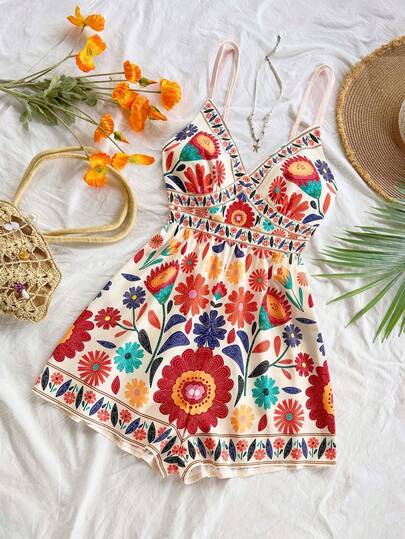 Soleia Plus Size Women's Colorful Tropical Print Sleeveless Jumpsuit, Featuring One-Shoulder, Metal Decor, Suitable For Brunch, Summer, Mother's Day, Graduation, Church, Beach, Music Festival, Airport, Afternoon Tea,Vacation Outfits Women ,Going Out Outfits,Beach Outfits For Women.