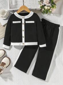 2pcs/Set Young Girl Contrast Binding Button Front Round Neck Long Sleeve Top And Pants Set - Black - View 1