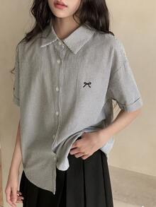 Dazy Kids Teen Girl Bow Striped Short Sleeve Button-Up Casual Shirt - Grey - View 2
