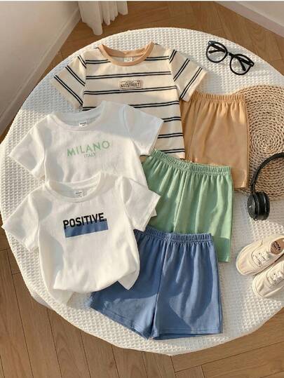 SHEIN 6pcs/Set Baby Boy Casual Cute Letter Print Short Sleeve T-Shirt & Elastic Waist Shorts Set, Multi-Color Basic Outfit Tshirt Striped Short Sleeve Toddler Sets Summer Baby Casual Sets Gender Neutral Baby Clothes Summer