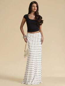 SHEIN BAE 女士波点低腰鱼尾薄纱长裙，夏季波点裙，薄纱长裙，优雅裙装，波点裙 - 白色 - 查看 3