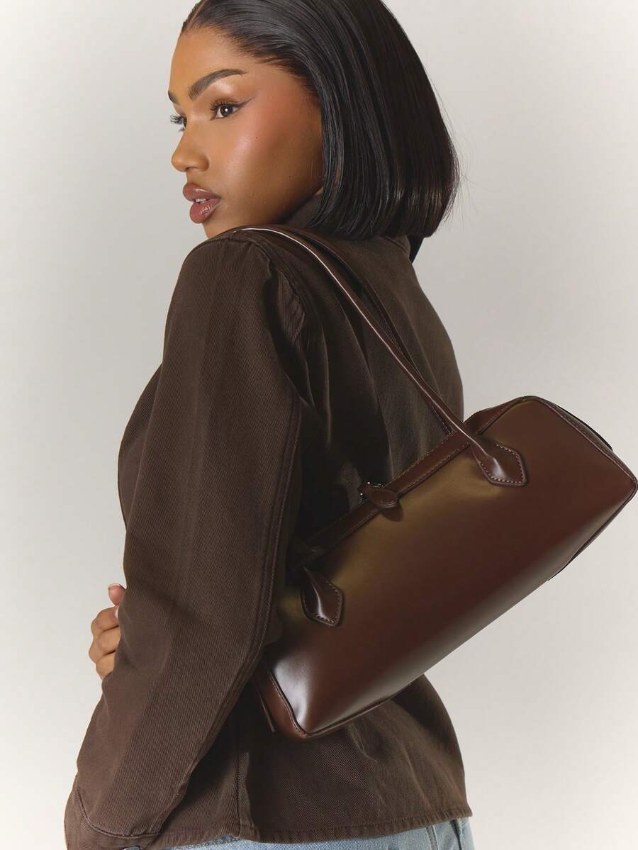 MUSERA Slim Long Strap Faux Leather Bowler Bag - Coffee - View 1