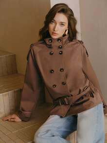 Anewsta Women's Casual Fashion Daily Commute High Collar Double-Breasted Buckle Belted Trench Coat, Autumn - Brown - View 5