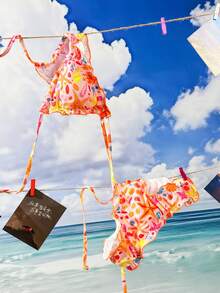 Swim Mod Women's New Ocean Pattern Ribbed Fabric Printed Seamless V-Neck Halter Backless Triangle Top And Triangle Bottoms Bikini Swimwear 2-Piece Set, Spring/Summer Colorful Bikini Bikini Set Vacation Beach Bikini Bikini Floral Western Swim Suits For Women - Multicolor - View 5