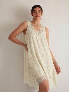 Freevana Plus Size Lace Patchwork Sheer Elegant Sleeveless Dress, Summer Dresses - Apricot - View 6