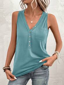 SHEIN LUNE 休闲纯色半扣V领毛衣 - 霧霾藍 - 查看 3