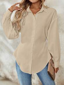 SHEIN Tall Áo sơ mi trắng thanh lịch kiểu Pháp dành cho nữ, thích hợp đi làm. - Màu Khaki - Xem 5