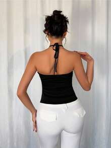 Rafferiza Women's Halter Seashell & Starfish Metal Buckle Hollow Out Sleeveless Fitted Sexy Music Festival Beach Vacation Casual Party Fashion Tank Top - Black - View 2