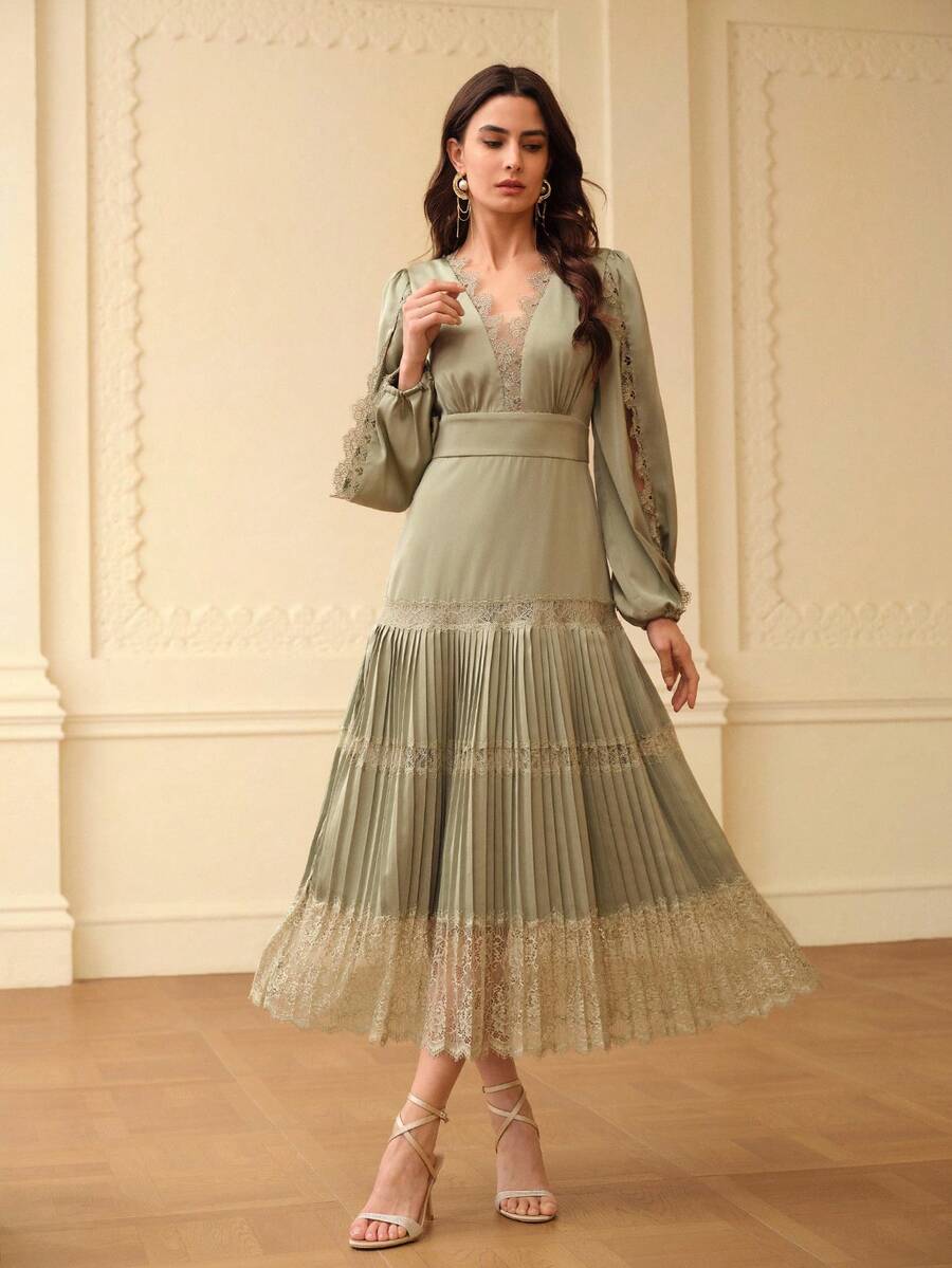 ZEYLAH Váy ôm sát eo xếp ly phối ren, Thu/Đông - xanh xám - Xem 1