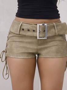 女士时尚交叉侧腰带短裤，夏季 - 軍綠色 - 查看 3