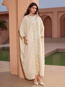 Graceveil Women's Elegant Floral Embroidery Splice Batwing Sleeve Loose Arabic Abaya Robe - Apricot - View 5