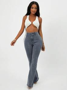 SHEIN SXY 女士纽扣腰休闲百搭喇叭牛仔裤 - 深色水洗藍 - 查看 6