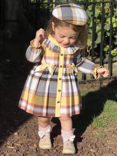 SHEIN Elladie kids Christmas Baby Girls' Colorblock Plaid Pattern Ruffle Bow Decor Pink Dress & Hat Set