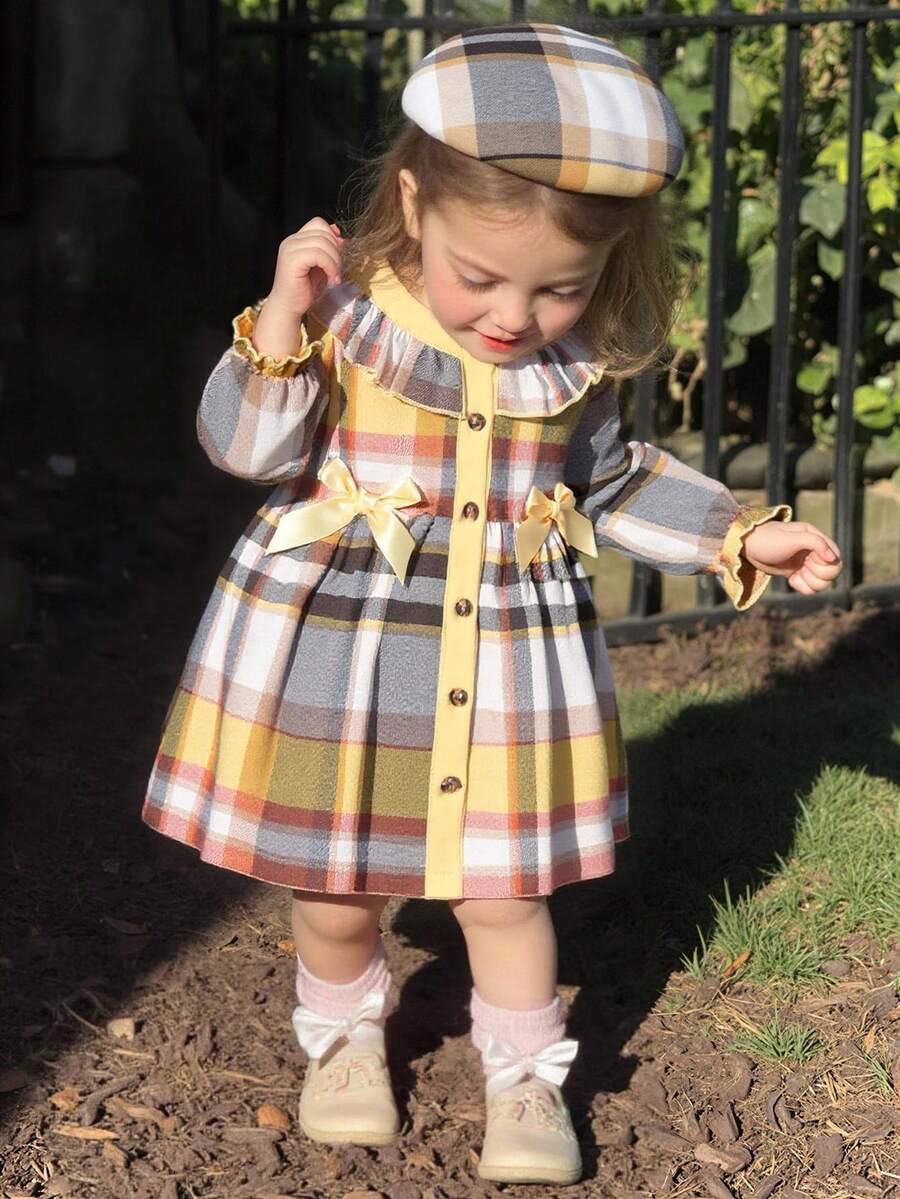 SHEIN Elladie kids Bộ váy và mũ màu hồng phối họa tiết kẻ caro, xếp bèo và nơ cho bé gái dịp Giáng sinh. - Nhiều màu - Xem 1