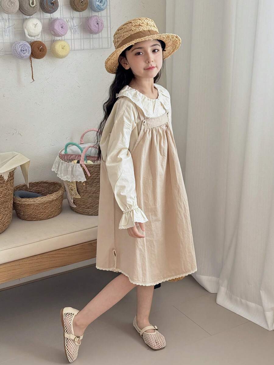 Dazy Kids Bộ trang phục thường ngày cho bé gái tuổi teen: áo sơ mi cổ bẻ cài một hàng khuy, tay áo bèo nhún và váy yếm, thích hợp cho kỳ nghỉ hè. - Màu be - Xem 1