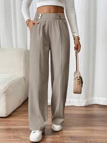 SHEIN Frenchy Eleganta raka kontorsbyxor med dubbla spännen för kvinnor - Ljusgrå - Visa 4