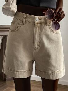 Livesso 高腰休闲纯色女式牛仔短裤 - 卡其色 - 查看 7