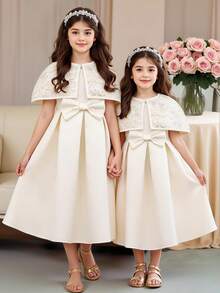 SHEIN Summer 7th Birthday Ivory Princess Two Pieces Solid Satin Dress With Bow,High-End Embellished Jacquard Formal Party Dresses For Girls And Children - Multicolor - View 3