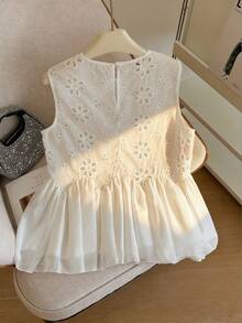 Resyla Top sin mangas de mujer con patchwork de malla francesa, volantes y calado, para el verano - Blanco - Ver 2