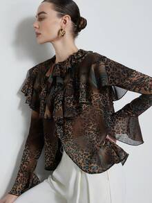 Aveloria Modichic 优雅性感随机印花纹理面料翻领系带女式衬衫 - 彩色 - 查看 3