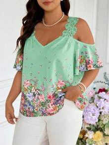 SHEIN Frenchy Áo kiểu trễ vai dáng rộng, họa tiết hoa phối ren, cỡ lớn, thích hợp mặc mùa hè. - Màu xanh Bạc hà - Xem 6