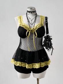 Nueva elegante y dulce blusa de encaje transparente con adorno de lazo y volantes, ideal para primavera/verano/otoño - Amarillo - Ver 5