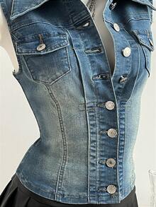 Elamini 女士休闲前扣无袖牛仔衬衫，夏季 - 淺色水洗藍 - 查看 6