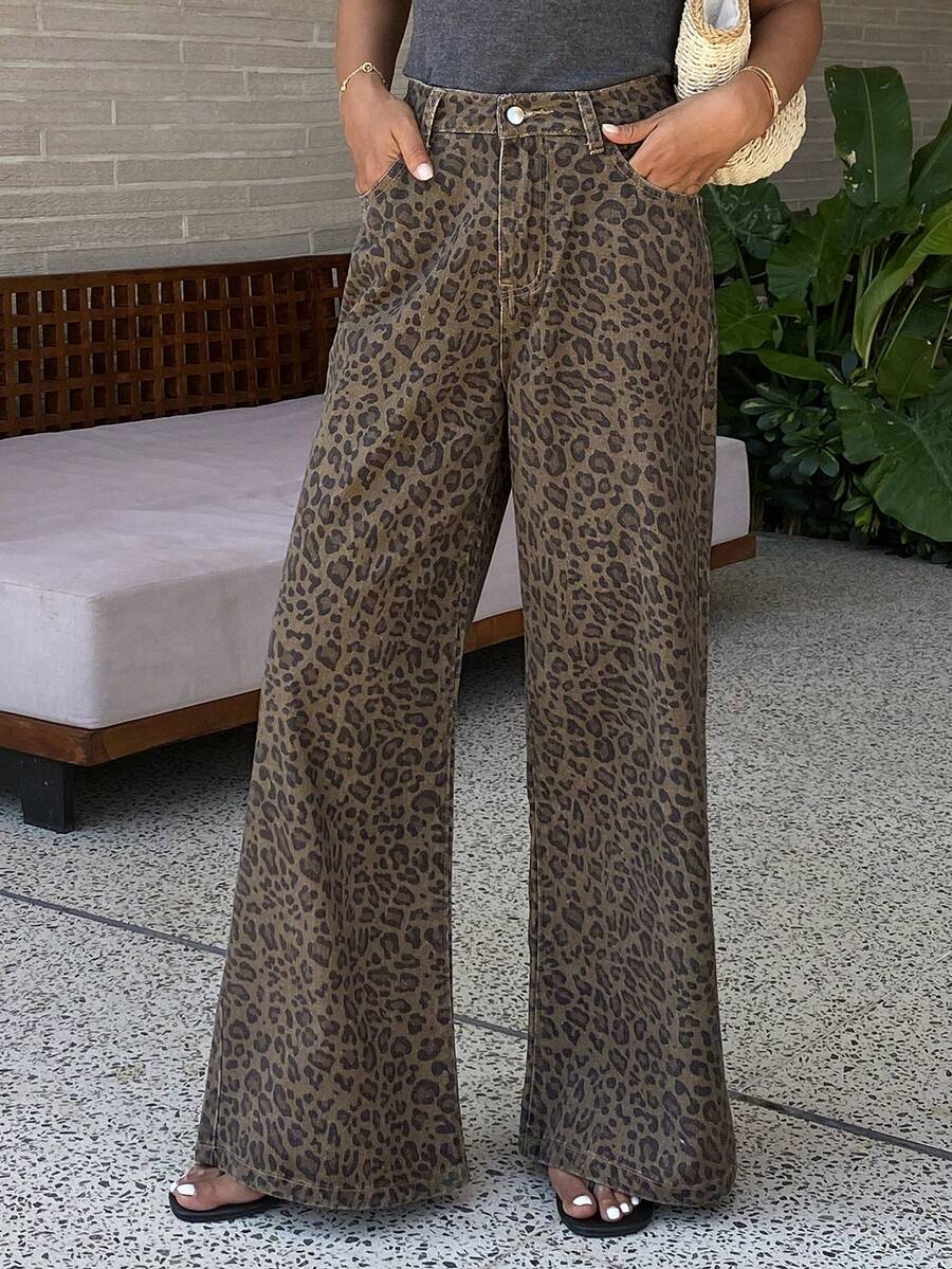 Livesso 女士休闲豹纹阔腿牛仔裤 - 藍色 - 查看 1