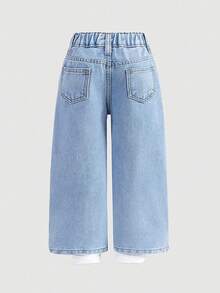 SHEIN 年轻女孩春夏Y2K休闲时尚运动字母印花蓝色牛仔宽松牛仔裤，适合俏皮风格，舒适百搭，适合日常穿着和外出，春夏宽松牛仔裤，2026嘉年华造型，派对，夏季度假，印花牛仔裤 - 淺色水洗藍 - 查看 3