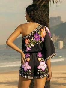 CAJUNI 女士夏季度假沙滩印花无袖连体衣 - 黑色 - 查看 2